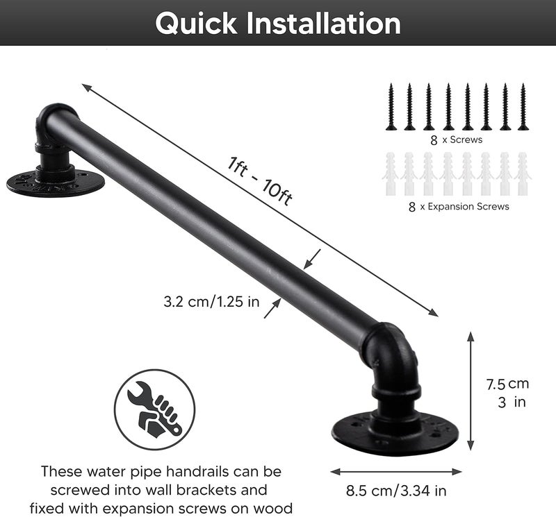 Senmit Stair Handrail for Indoor Stairs - 3 Feet Wall Mount Industrial Iron Pipe - Metal Railing Non-Slip Grab Bar - Stairs Porch Deck Hand Rail Matte Black - Image 2
